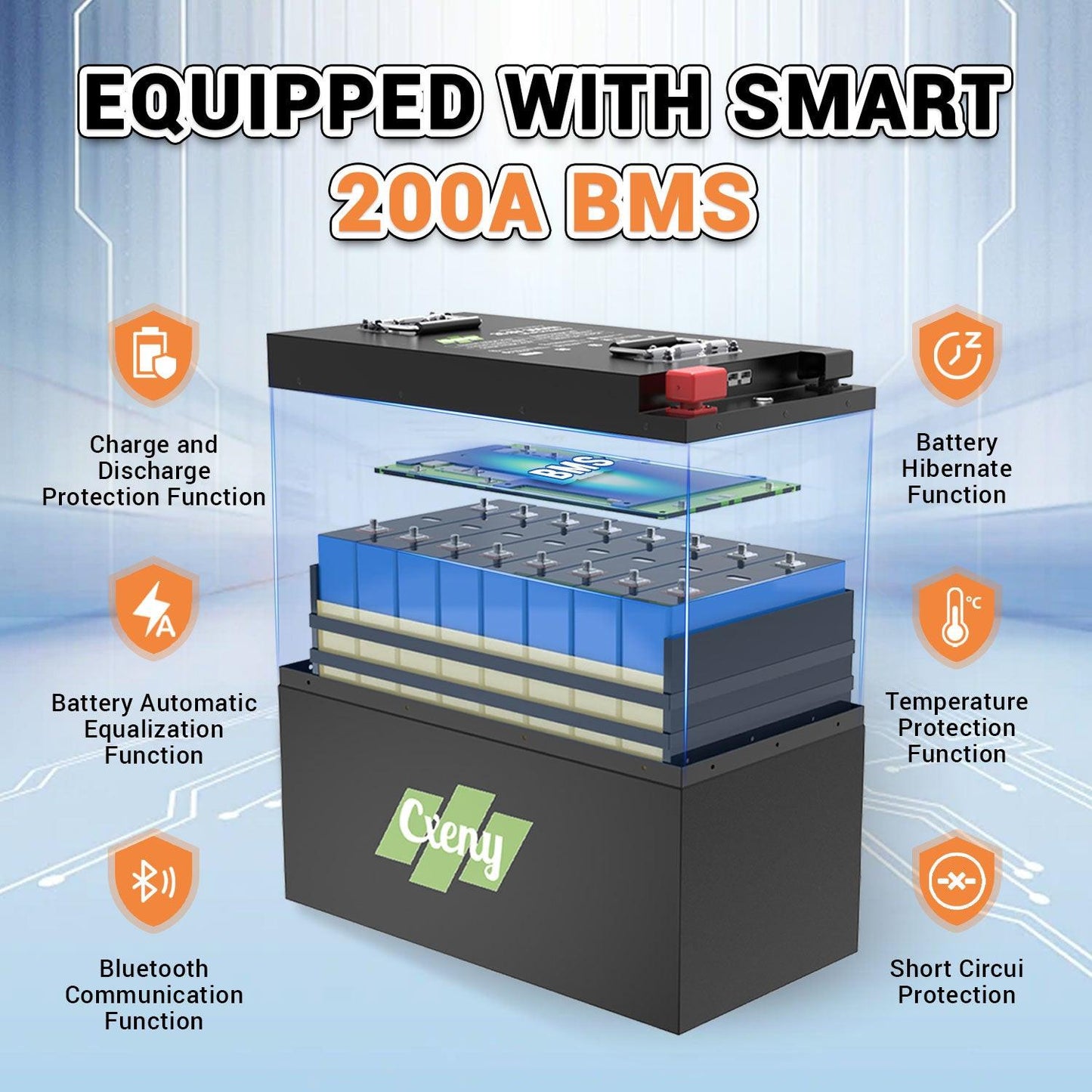 Cxeny 24V 200Ah Lithium Battery 8000+ Cycles Built-in 200A BMS With Bluetooth