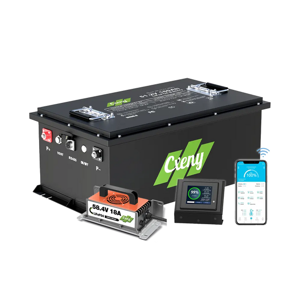 Cxeny 48V 160Ah Lithium Golf Cart Battery with 200A BMS, Bluetooth Monitoring & 18A Charger