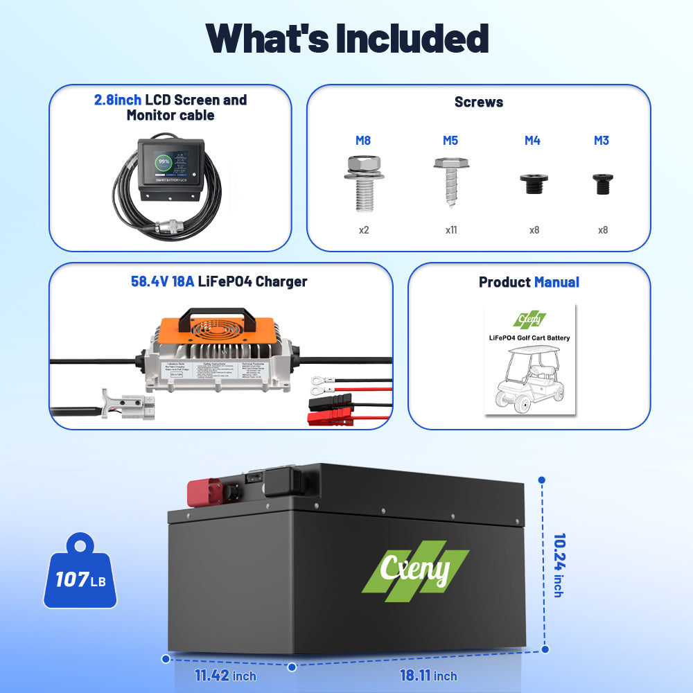 Accessories overview for CXENY 48V 120Ah lithium golf cart battery